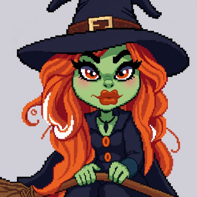 pixel art witch character with long wavy orange and white hair, large pouty lips, dark heavy eye makeup, riding a broom, expressive demeanor