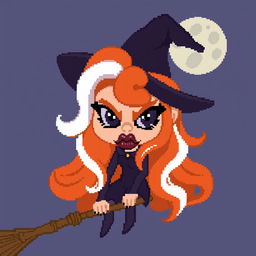 pixel art witch character with long wavy orange and white hair, large pouty lips, dark heavy eye makeup, riding a broom, expressive demeanor