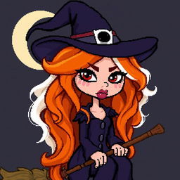 pixel art witch character with long wavy orange and white hair, large pouty lips, dark heavy eye makeup, riding a broom, expressive demeanor