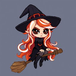 pixel art witch character with long wavy orange and white hair, dark heavy eye makeup, riding a broom, expressive demeanor, featuring a mystical and enchanting atmosphere