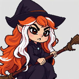 pixel art witch character with long wavy orange and white hair, dark heavy eye makeup, riding a broom, expressive demeanor, featuring a mystical and enchanting atmosphere