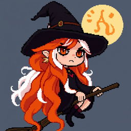 pixel art witch character with long wavy orange and white hair, dark heavy eye makeup, riding a broom, expressive demeanor, featuring a mystical and enchanting atmosphere