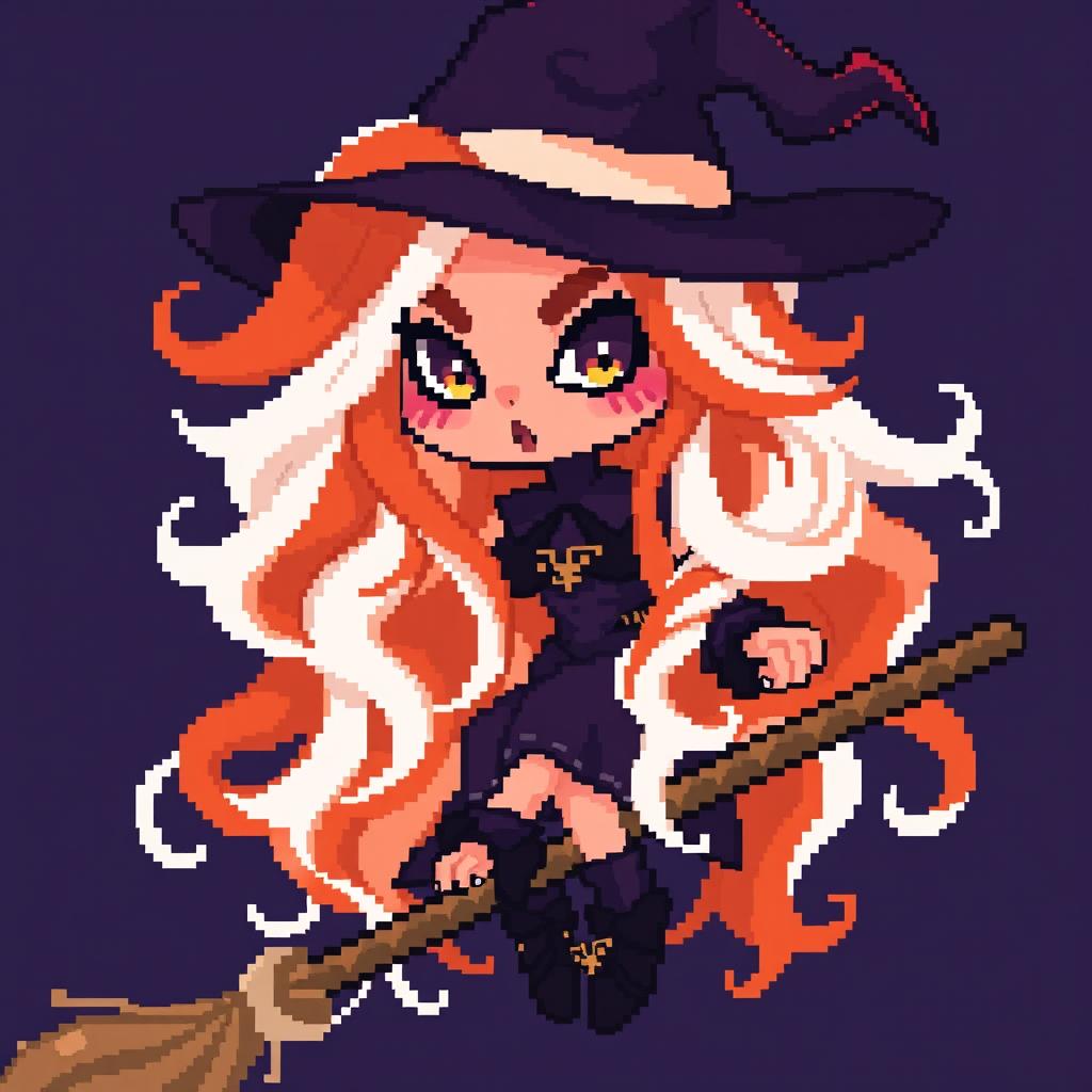 pixel art witch character with long wavy orange and white hair, dark heavy eye makeup, riding a broom, expressive demeanor, featuring a mystical and enchanting atmosphere