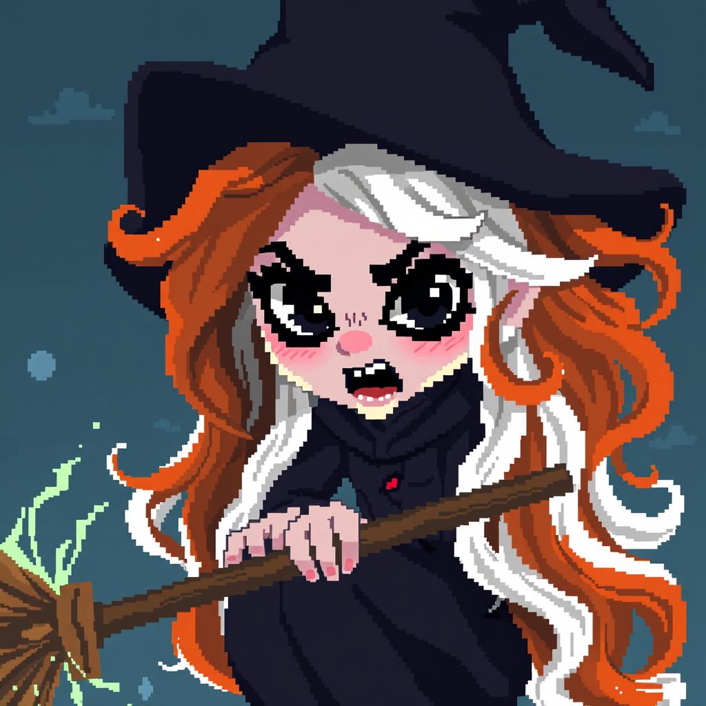 pixel art witch character with long wavy orange and white hair, dark heavy eye makeup, riding a broom, expressive demeanor, capturing mystical and magical elements