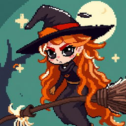 pixel art witch character with long wavy orange and white hair, dark heavy eye makeup, riding a broom, expressive demeanor, capturing mystical and magical elements