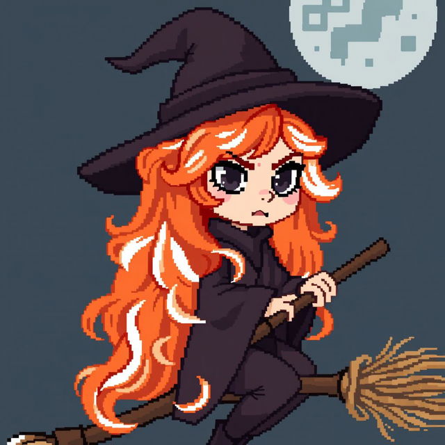 pixel art witch character with long wavy orange and white hair, dark heavy eye makeup, riding a broom, expressive demeanor, capturing mystical and magical elements