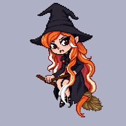 pixel art witch character with long wavy orange and white hair, dark heavy eye makeup, riding a broom, expressive demeanor, capturing mystical and magical elements