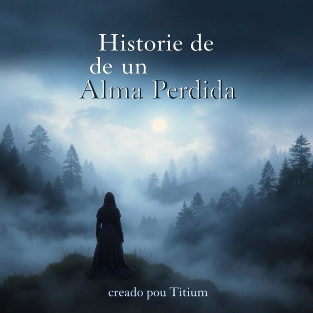 Cover for a book titled "Historia de un Alma Perdida" by Titium, featuring a solitary figure standing at the edge of a misty, enchanted forest