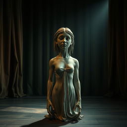 A creepily melted crude plaster statue of a young woman on a theater stage