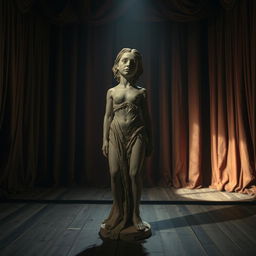 A creepily melted crude plaster statue of a young woman on a theater stage