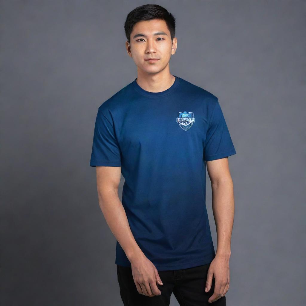 Modify our existing eSports team t-shirt design by incorporating a smooth color gradient, transitioning elegantly from jet black to deep navy blue.