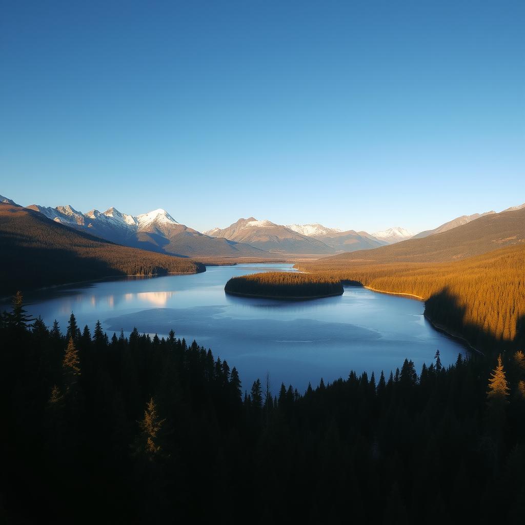 A majestic landscape showcasing a serene lake surrounded by a lush forest, with a clear blue sky reflecting on the water