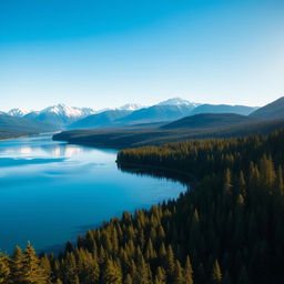 A majestic landscape showcasing a serene lake surrounded by a lush forest, with a clear blue sky reflecting on the water