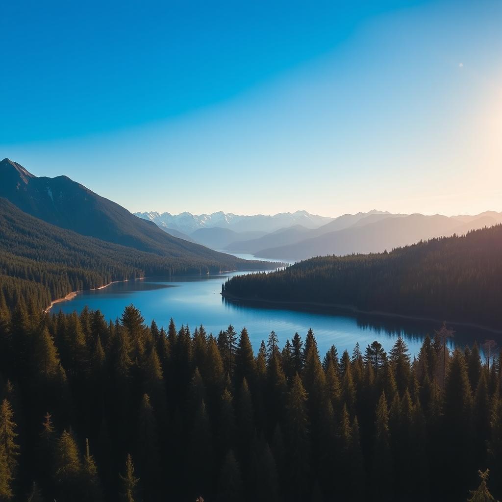 A majestic landscape showcasing a serene lake surrounded by a lush forest, with a clear blue sky reflecting on the water