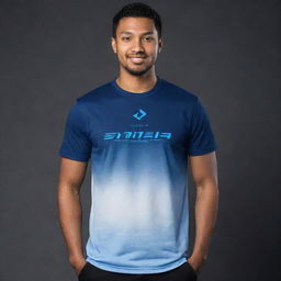 Modify our existing eSports team t-shirt design by incorporating a smooth color gradient, transitioning elegantly from jet black to deep navy blue.