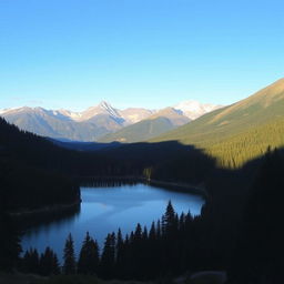 A majestic landscape showcasing a serene lake surrounded by a lush forest, with a clear blue sky reflecting on the water