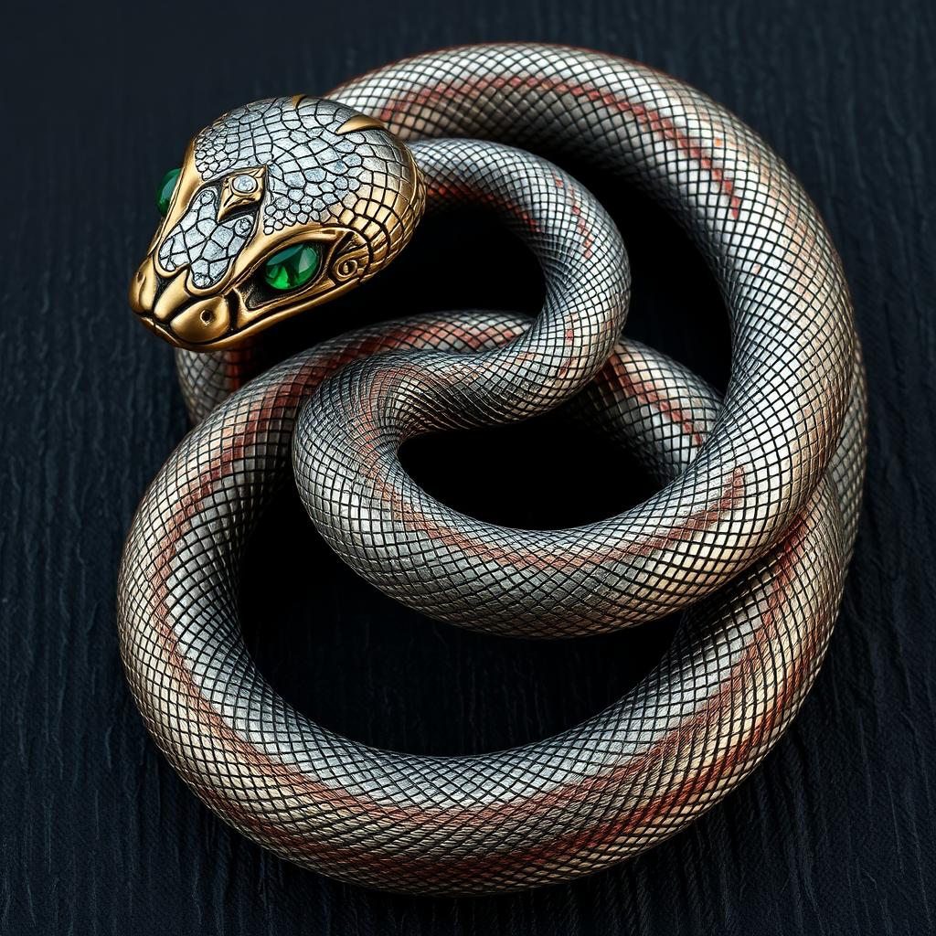 A highly detailed and realistic metallic snake, twisting and coiling elegantly