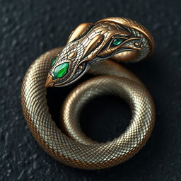 A highly detailed and realistic metallic snake, twisting and coiling elegantly