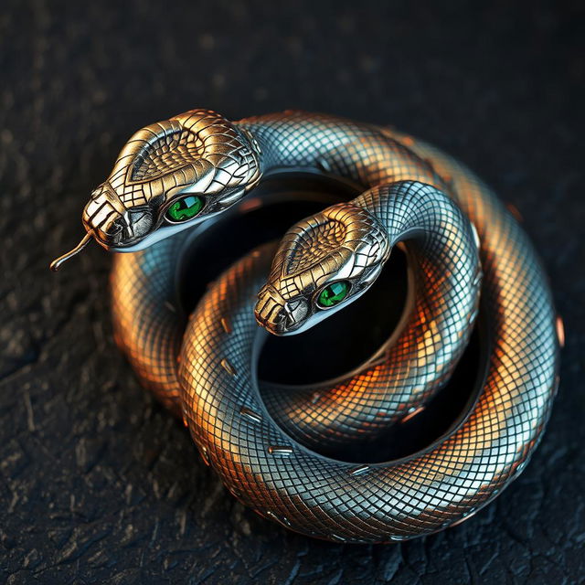 A highly detailed and realistic metallic snake, twisting and coiling elegantly