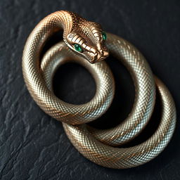 A highly detailed and realistic metallic snake, twisting and coiling elegantly