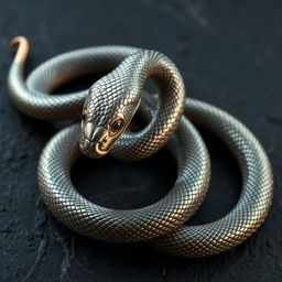 A highly detailed and realistic metallic snake with its head replaced by a small, intricate watch face