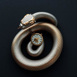 A highly detailed and realistic metallic snake with its head replaced by a small, intricate watch face