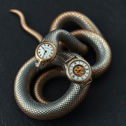 A highly detailed and realistic metallic snake with its head replaced by a small, intricate watch face