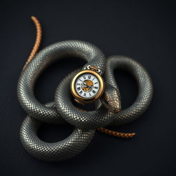 A highly detailed and realistic metallic snake with its head replaced by a small, intricate watch face