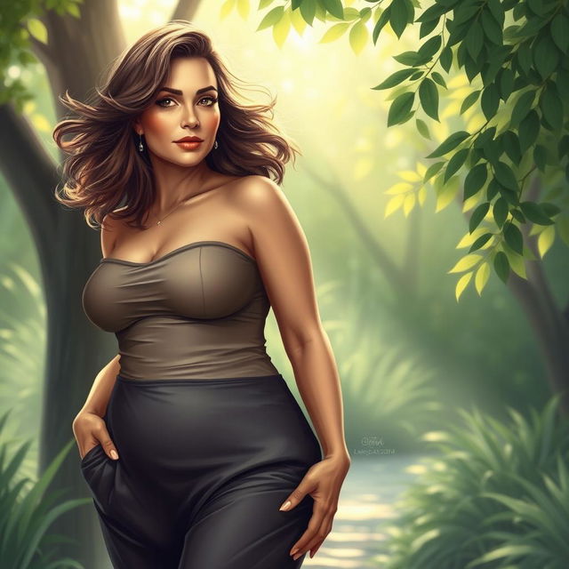 A highly detailed, artistic depiction of a mature, confident woman with voluptuous curves standing in a serene, nature-inspired setting