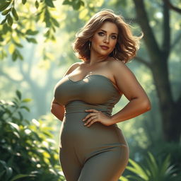 A highly detailed, artistic depiction of a mature, confident woman with voluptuous curves standing in a serene, nature-inspired setting