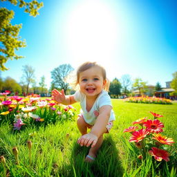 a happy child playing in a sunny park, surrounded by colorful flowers and green grass, with a bright blue sky overhead.