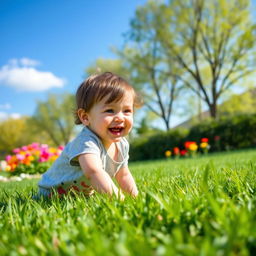 a happy child playing in a sunny park, surrounded by colorful flowers and green grass, with a bright blue sky overhead.