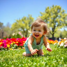 a happy child playing in a sunny park, surrounded by colorful flowers and green grass, with a bright blue sky overhead.