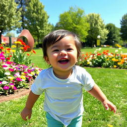 a happy child playing in a sunny park, surrounded by colorful flowers and green grass, with a bright blue sky overhead.