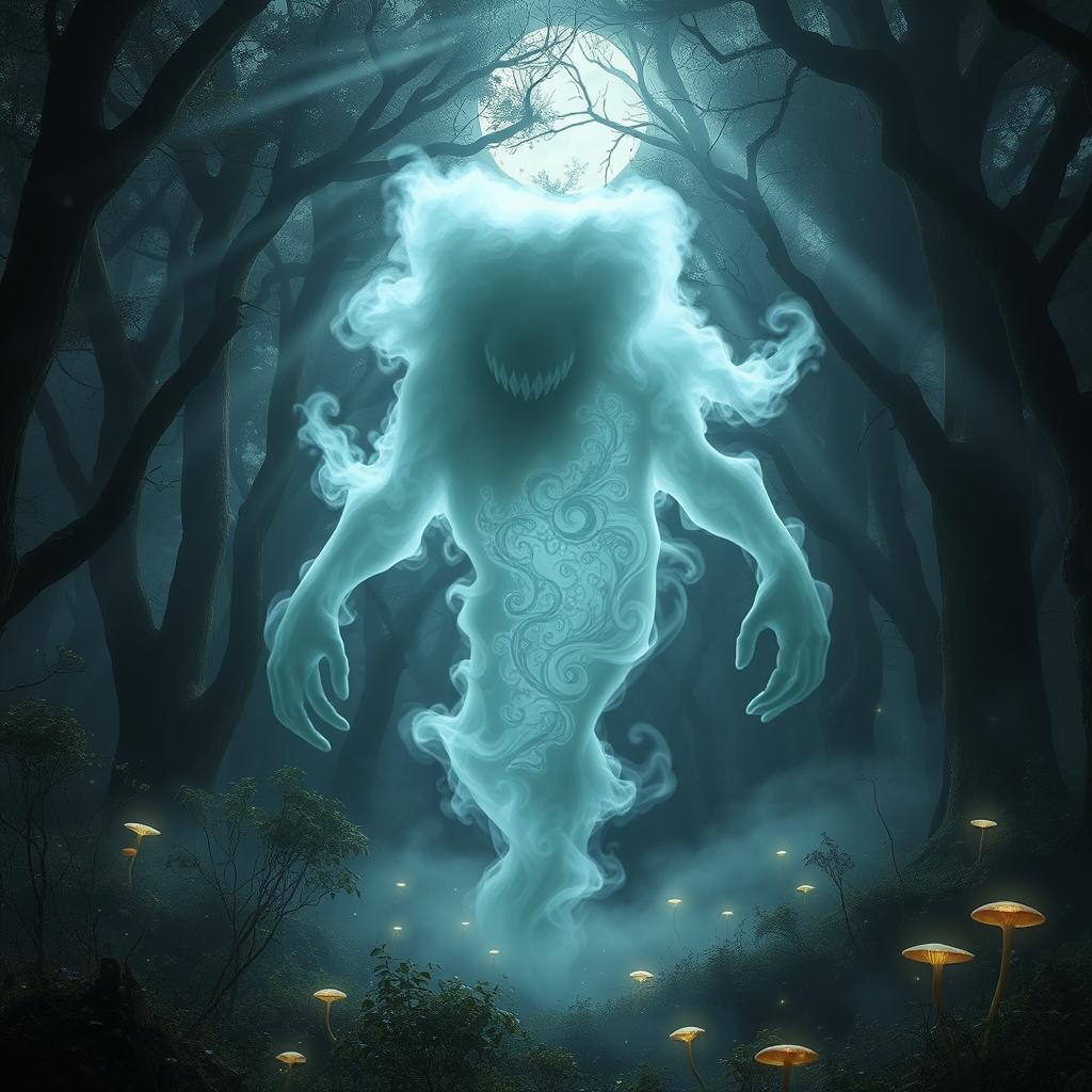 A surreal scene where a mysterious fog shapes itself into the form of a creature in a mystical forest