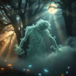 A surreal scene where a mysterious fog shapes itself into the form of a creature in a mystical forest