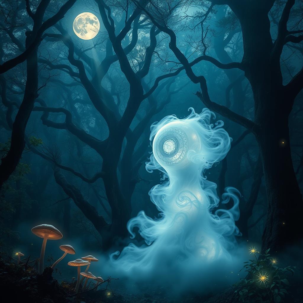 A surreal scene where a mysterious fog shapes itself into the form of a creature in a mystical forest