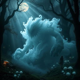 A surreal scene where a mysterious fog shapes itself into the form of a creature in a mystical forest