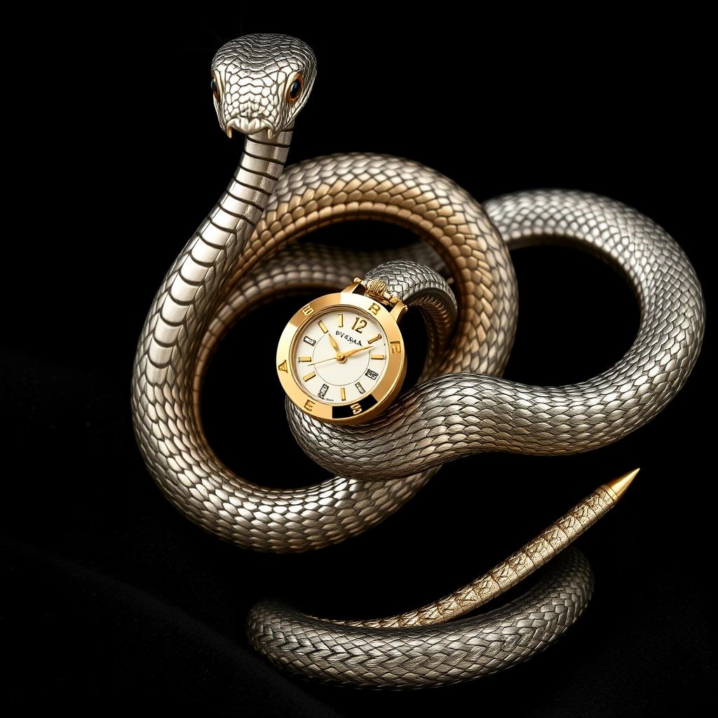 A highly detailed and realistic metallic snake inspired by the Bvlgari serpent collection, with its head replaced by a small, elegant watch face