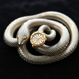 A highly detailed and realistic metallic snake inspired by the Bvlgari serpent collection, with its head replaced by a small, elegant watch face