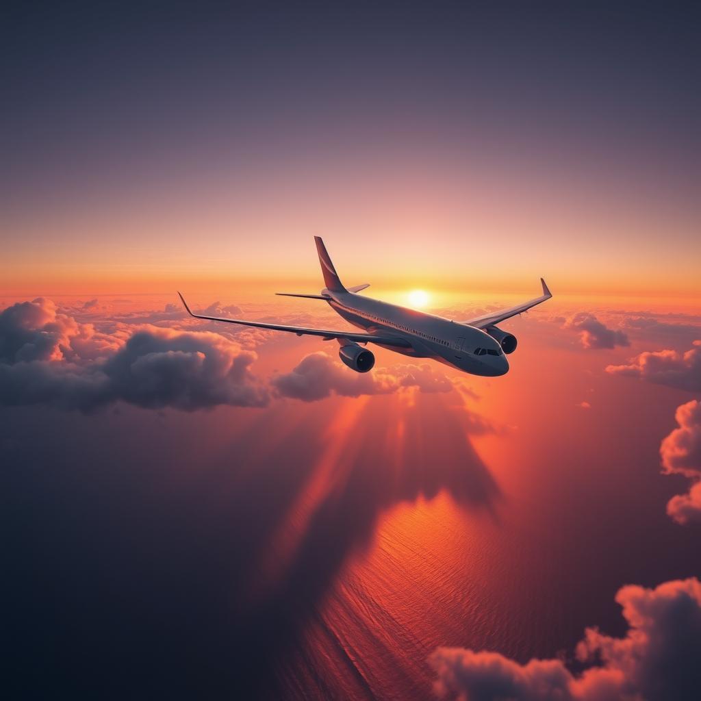 An Airbus A330-200 flying over the sea, viewed from above the clouds during a stunning sunrise