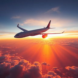 An Airbus A330-200 flying over the sea, viewed from above the clouds during a stunning sunrise