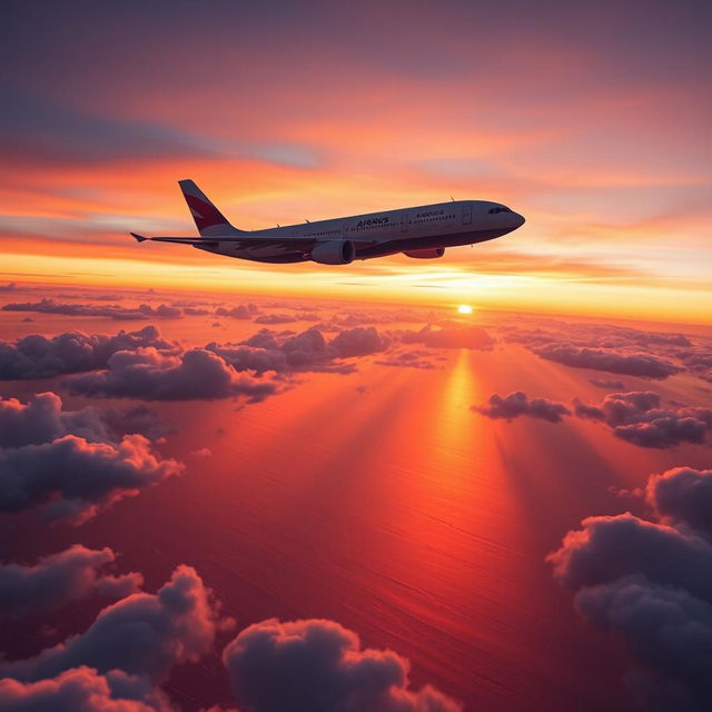 An Airbus A330-200 flying over the sea, viewed from above the clouds during a stunning sunrise