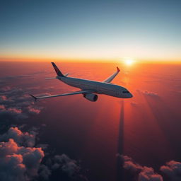 An Airbus A330-200 flying over the sea, viewed from above the clouds during a stunning sunrise