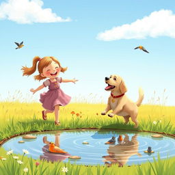 A playful and heartwarming scene of a girl and her dog enjoying a sunny afternoon in a meadow