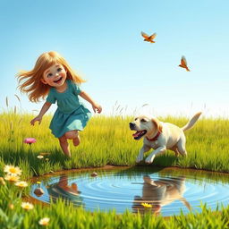 A playful and heartwarming scene of a girl and her dog enjoying a sunny afternoon in a meadow