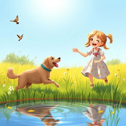 A playful and heartwarming scene of a girl and her dog enjoying a sunny afternoon in a meadow