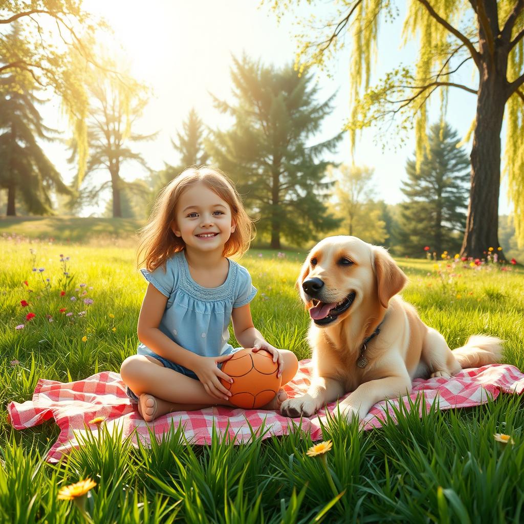 A heartwarming image depicting a girl and her dog enjoying a beautiful day at the park