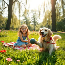 A heartwarming image depicting a girl and her dog enjoying a beautiful day at the park