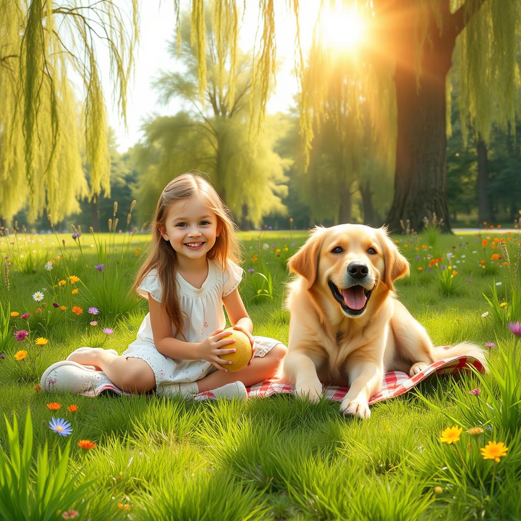 A heartwarming image depicting a girl and her dog enjoying a beautiful day at the park